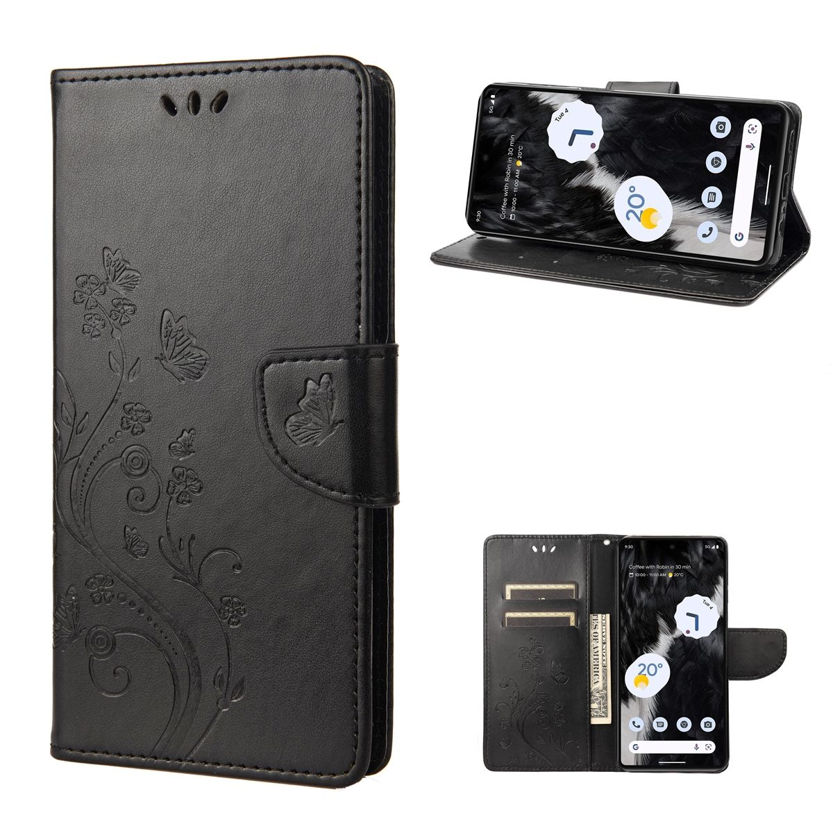 Schwarze Handyhülle mit Schmetterlings- und Blumendesign, Brieftaschen-Stil, mit Telefon darin.