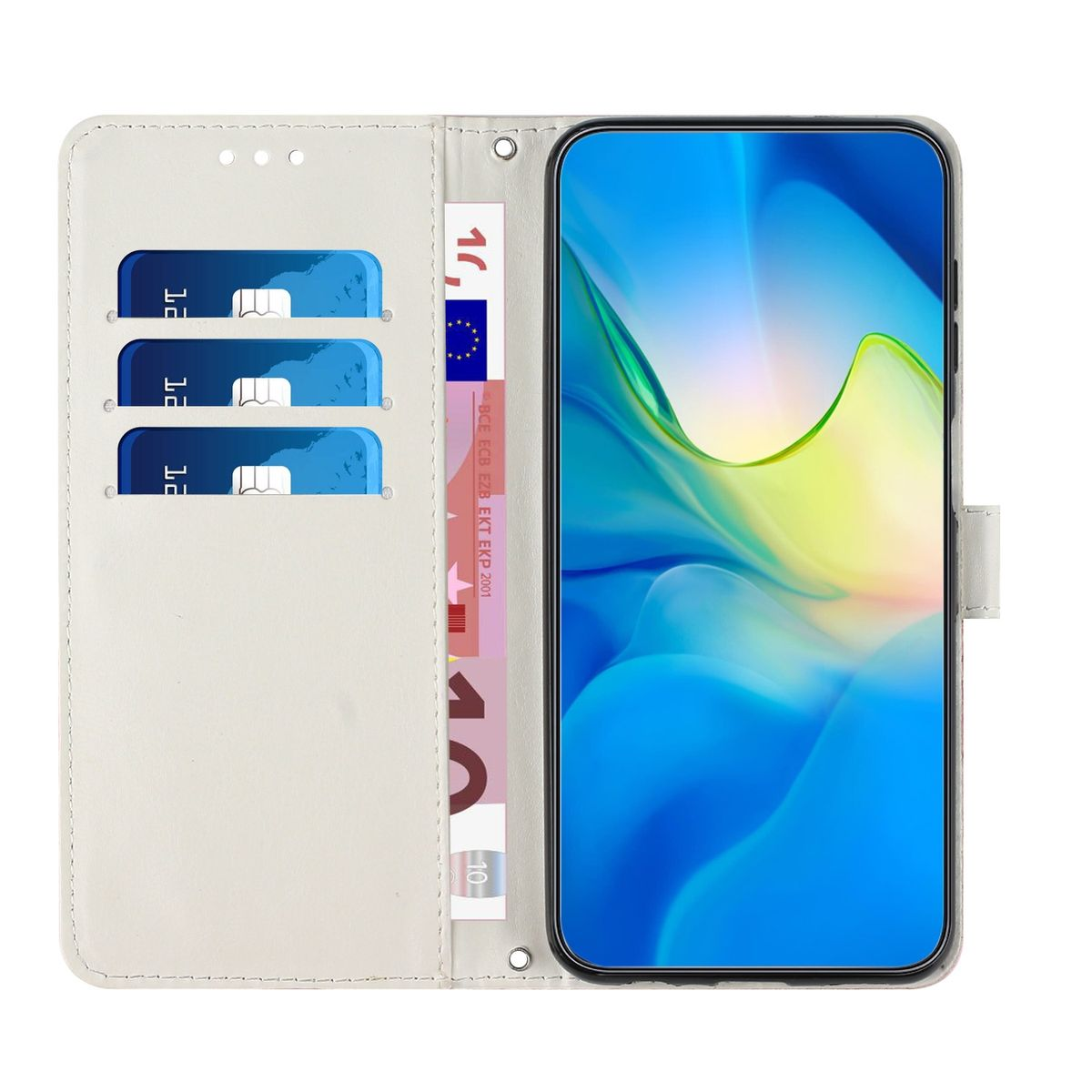 Weiße Handyhülle mit Kartenfächern und Geldfach. Ein Telefonbildschirm mit blauer Oberfläche ist sichtbar.