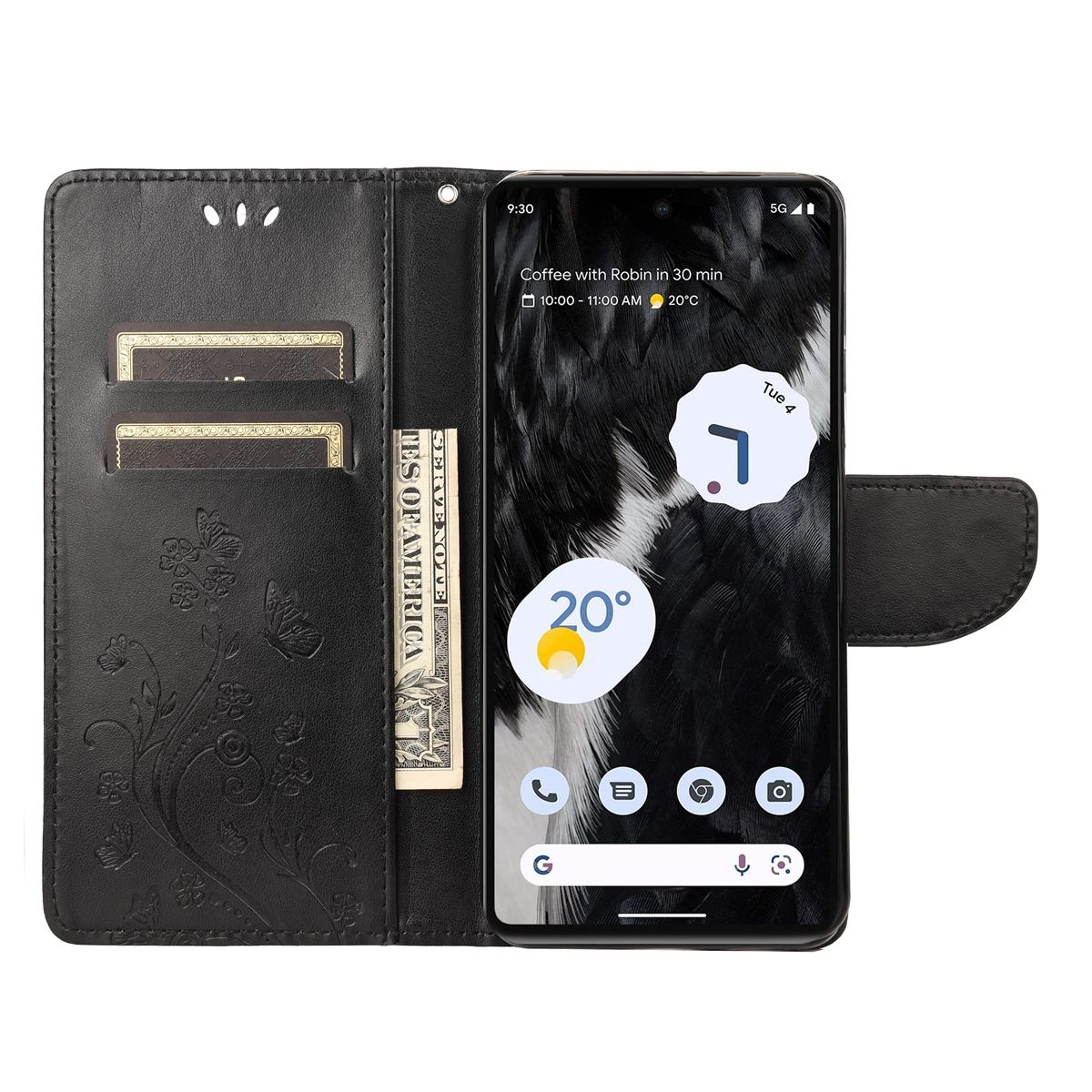 Geöffnete Handyhülle mit Telefon. Karten und Geld sind im Etui. Das Telefon zeigt einen Bildschirm.