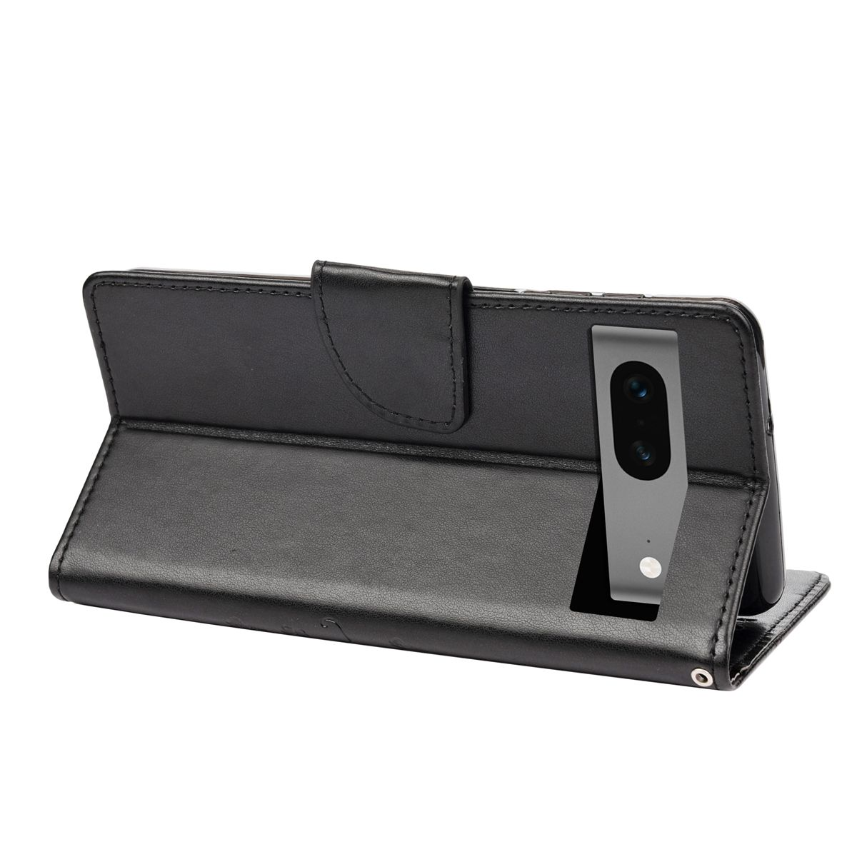 Schwarze Handyhülle, offen, mit Telefon darin. Die Kamera ist sichtbar.
