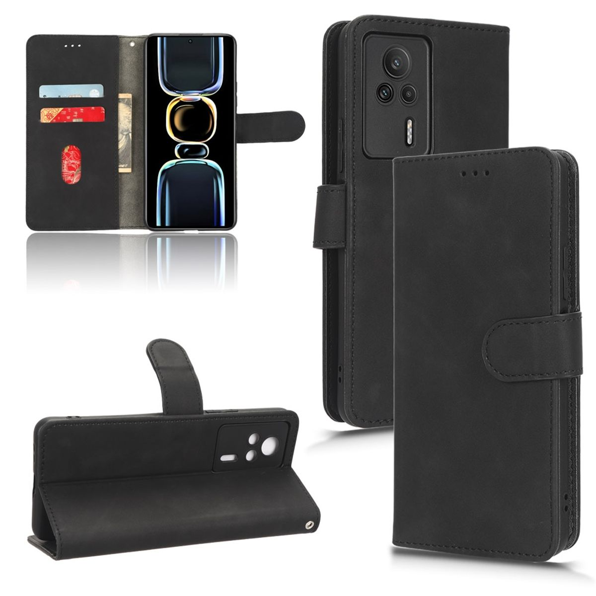 Schwarze Handyhülle mit Brieftaschenfunktion, Telefon und Karten.