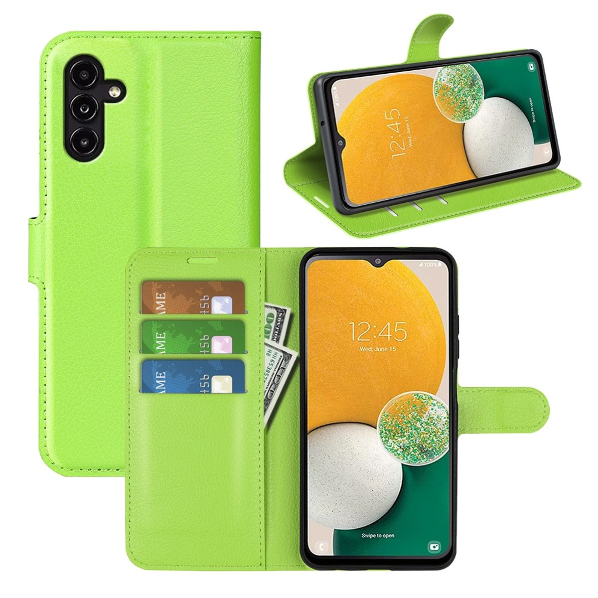 Grüne Handyhülle mit Handy, Uhrzeit und Karten.
