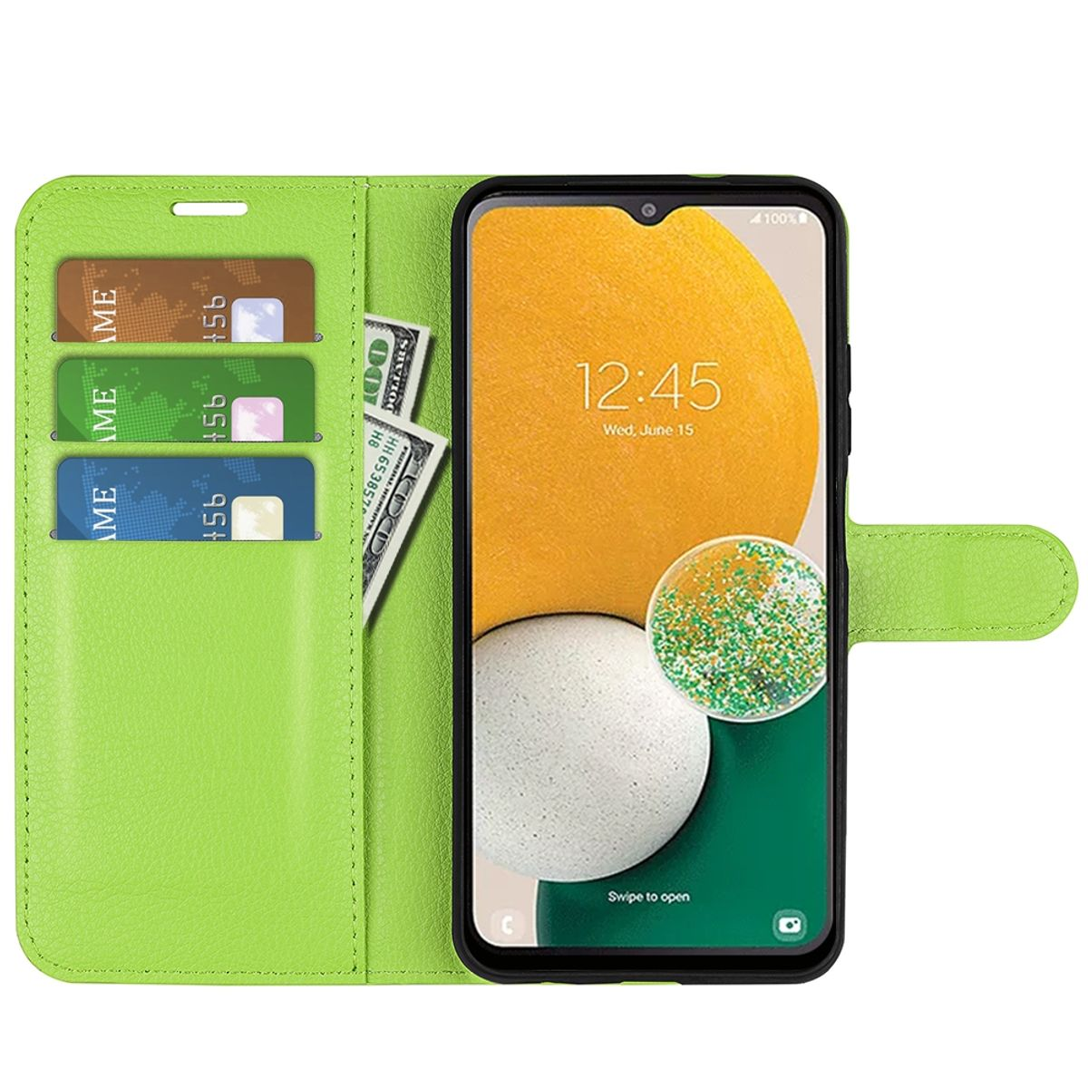 Grüne Handyhülle mit Telefon, Karten und Bargeld. Das Telefon zeigt die Uhrzeit an.