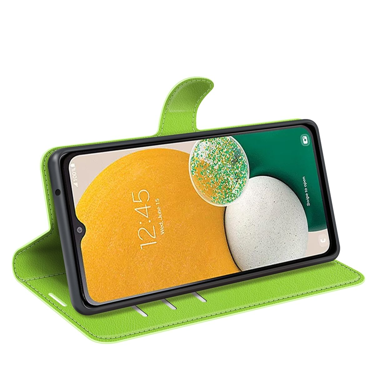 Grüne Handyhülle, geöffnet, zeigt ein Telefon mit gelb-weißem Design. Die Uhrzeit ist 12:45.
