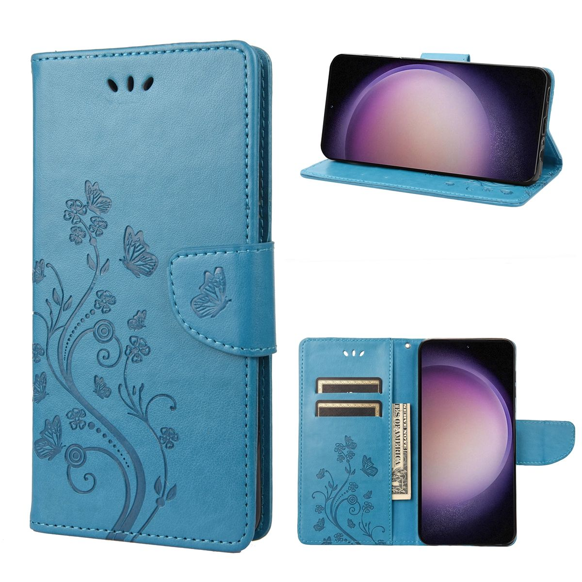 Blaue Handyhülle mit Schmetterlingen. Telefon innen, Portemonnaie-Design. Mehrere Ansichten.
