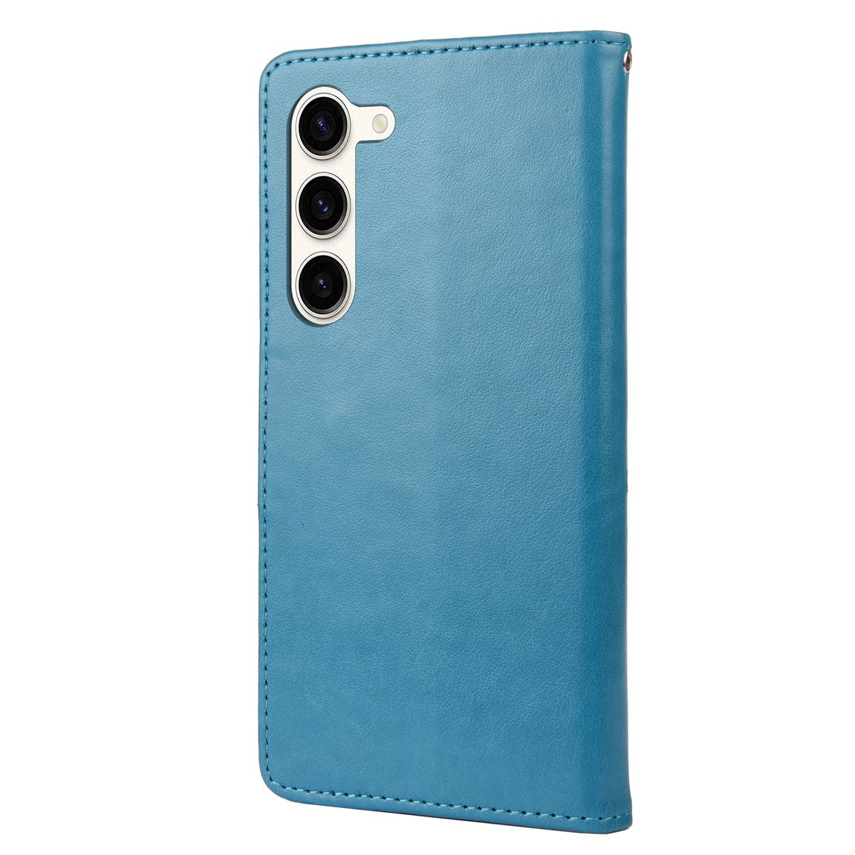 Blaue Handyhülle mit Telefon. Der Koffer ist offen. Hat drei Kameras und einen Blitz.
