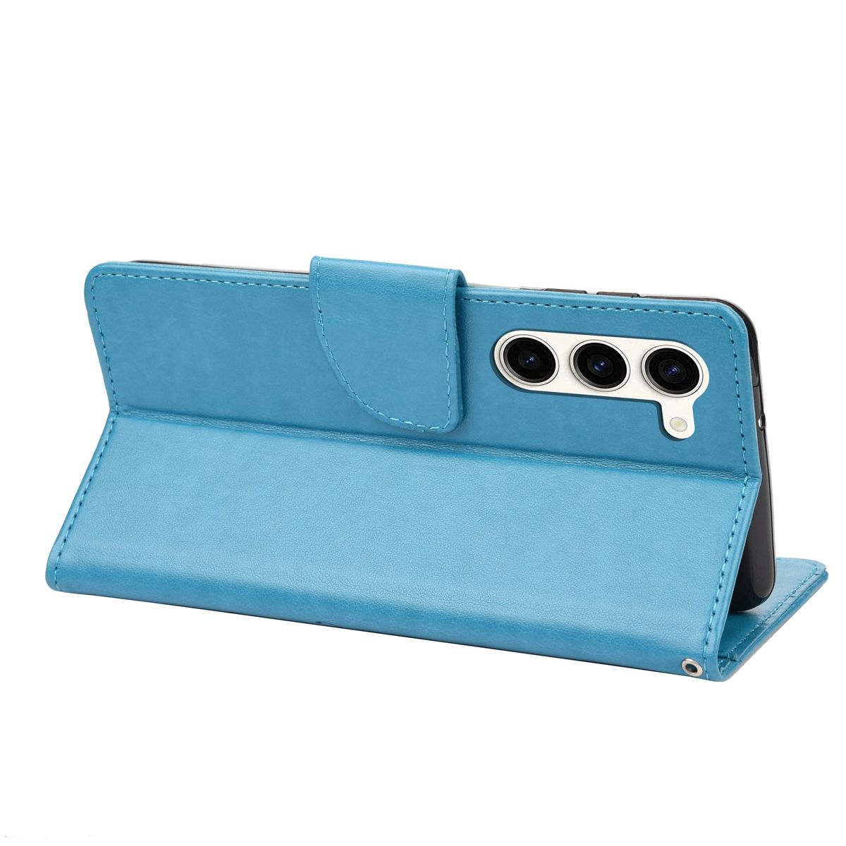 Offene blaue Handyhülle, Telefon mit drei Kameras sichtbar. Weißer Hintergrund. Telefon ist aufgestellt.