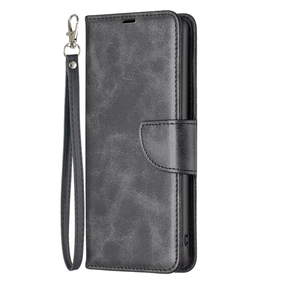 Graue Handytasche mit Riemen, geschlossen.