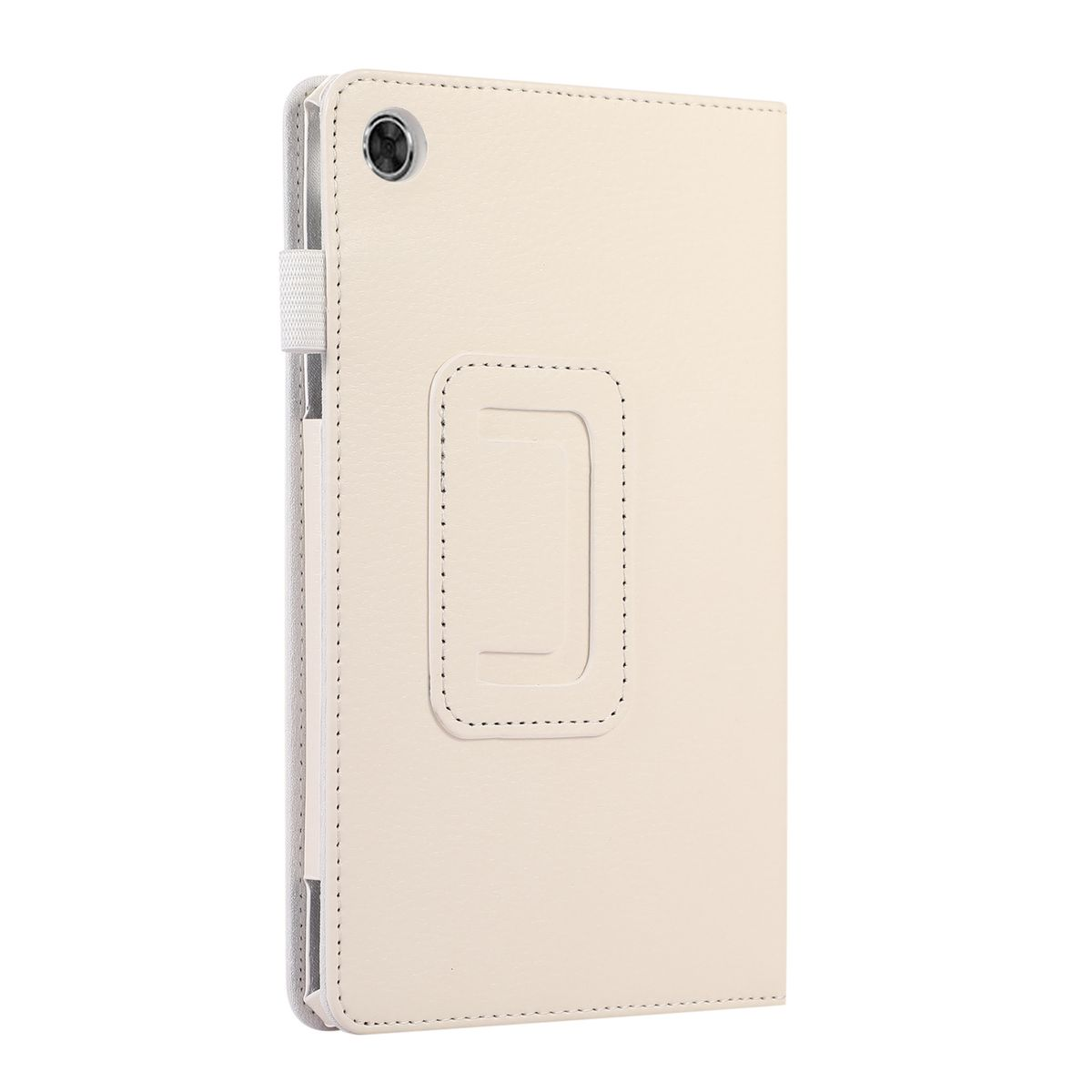 Beige Tablet-Hülle. Verfügt über ein Kamera Loch, einen Knopf und ein rechteckiges Element in der Mitte.