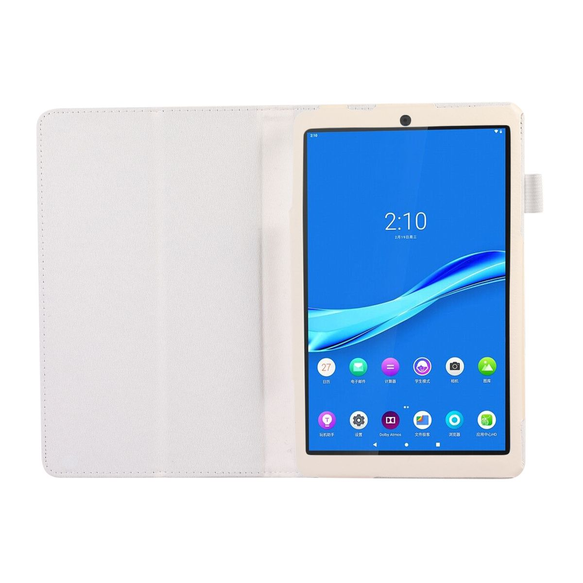 Weißes Tablet in weißer Hülle, geöffnet. Der Bildschirm zeigt Uhr und App-Symbole.