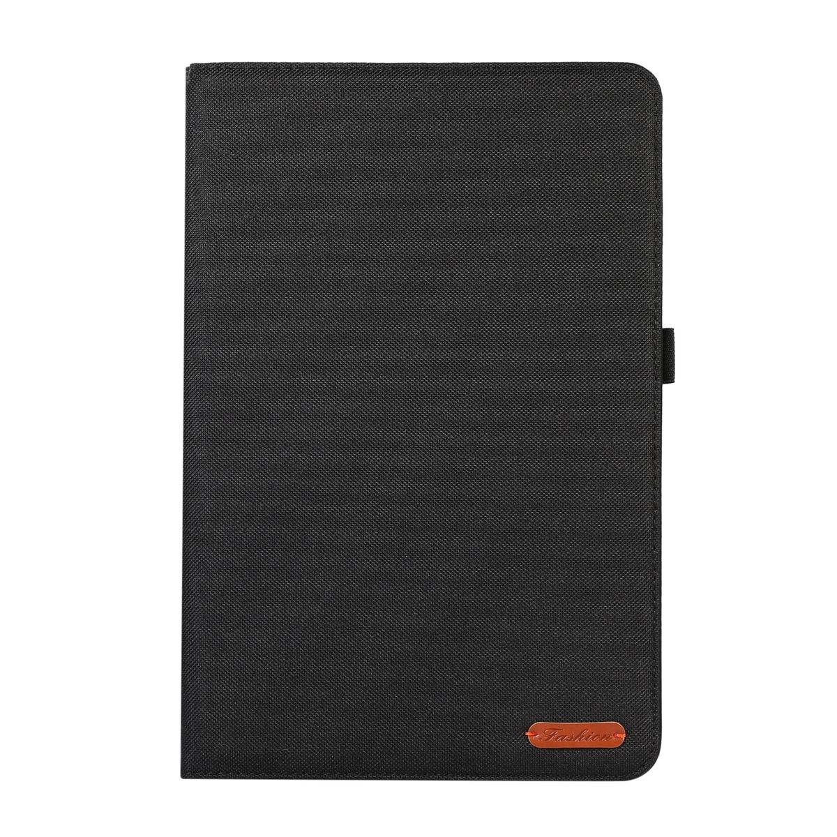 Schwarze Tablet-Hülle geschlossen. Es hat eine Stofftextur und ein kleines braunes Etikett mit der Aufschrift 'Fashion'.