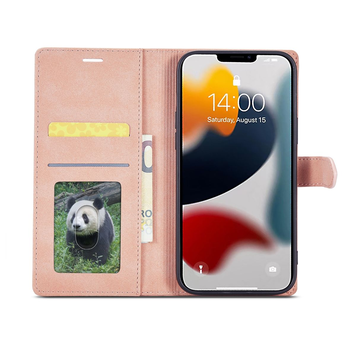 Geöffnete rosa Handyhülle mit Panda-Bild und Telefonbildschirm.