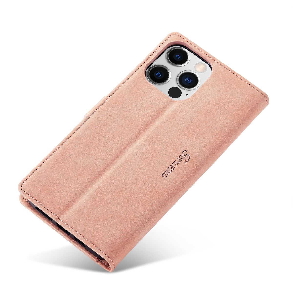 Rosa Handyhülle, geschlossen, mit Telefon. Die Hülle hat einen Markentext vorne.