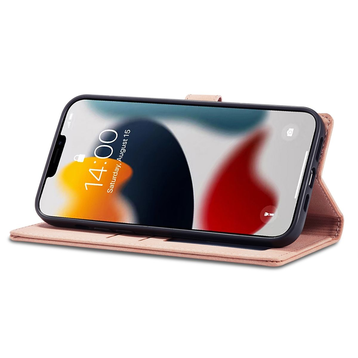 Geöffnete rosa Handyhülle mit Telefon. Telefon zeigt Zeit und Datum: 14:00, 15. August.