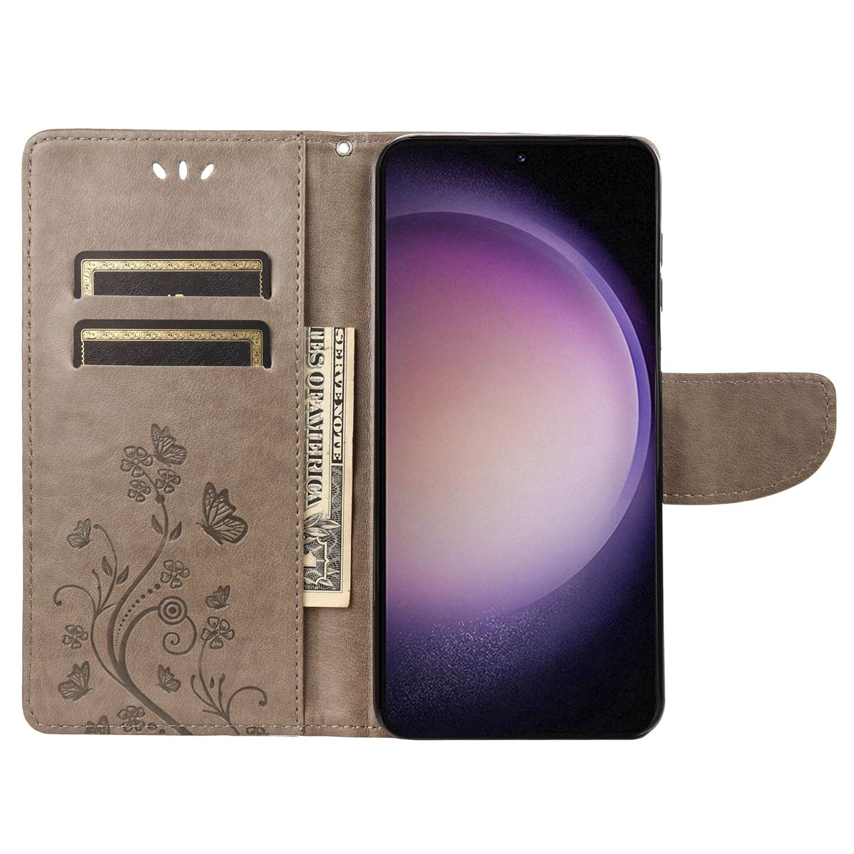 Geöffnete Handyhülle mit Telefon, Geldschein und Kartenfächern, Schmetterlingsdesign.