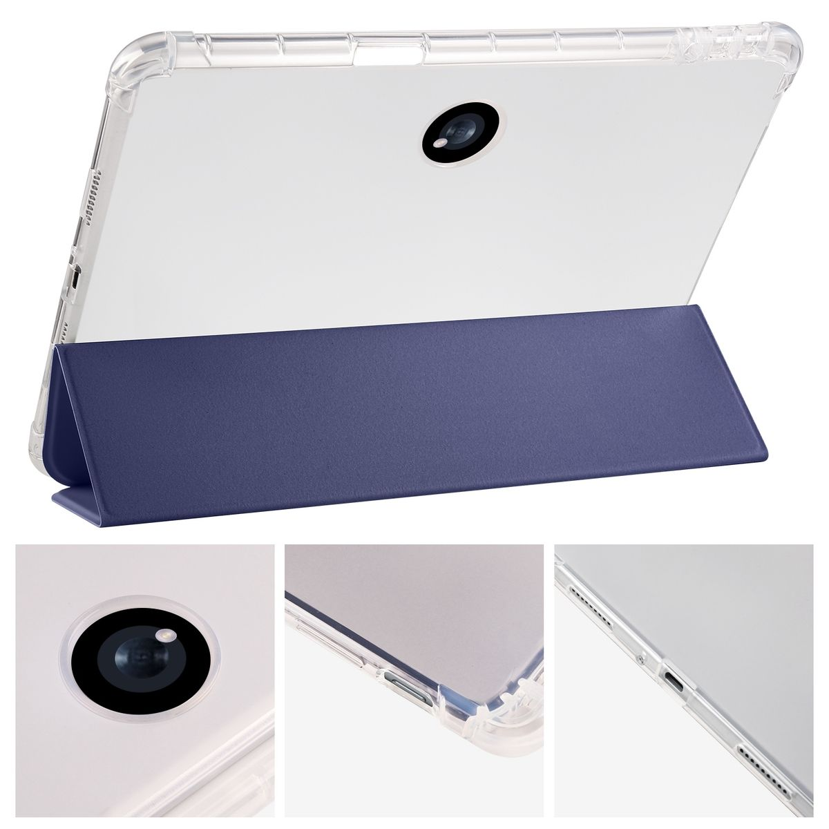 Ein weißes Tablet mit einer dunkelblauen Aufstellhülle. Die Rückseite des Tablets hat eine Kamera. Nahaufnahmen von Details.