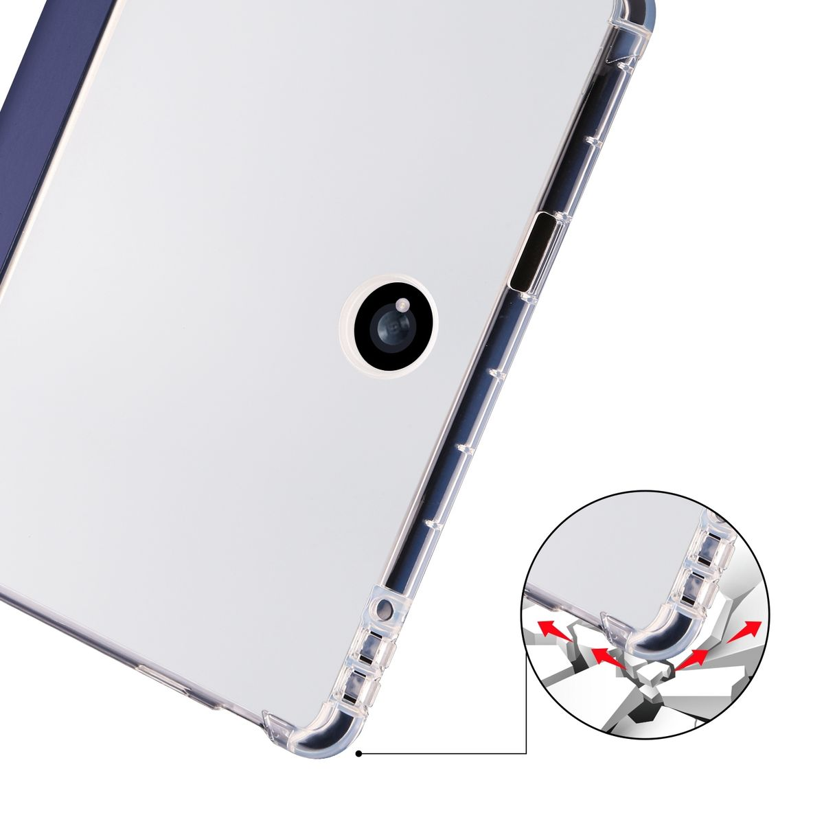 Tablet mit transparenter Hülle. Detail der Kameralinse. Die Hülle hat einen transparenten Rahmen.
