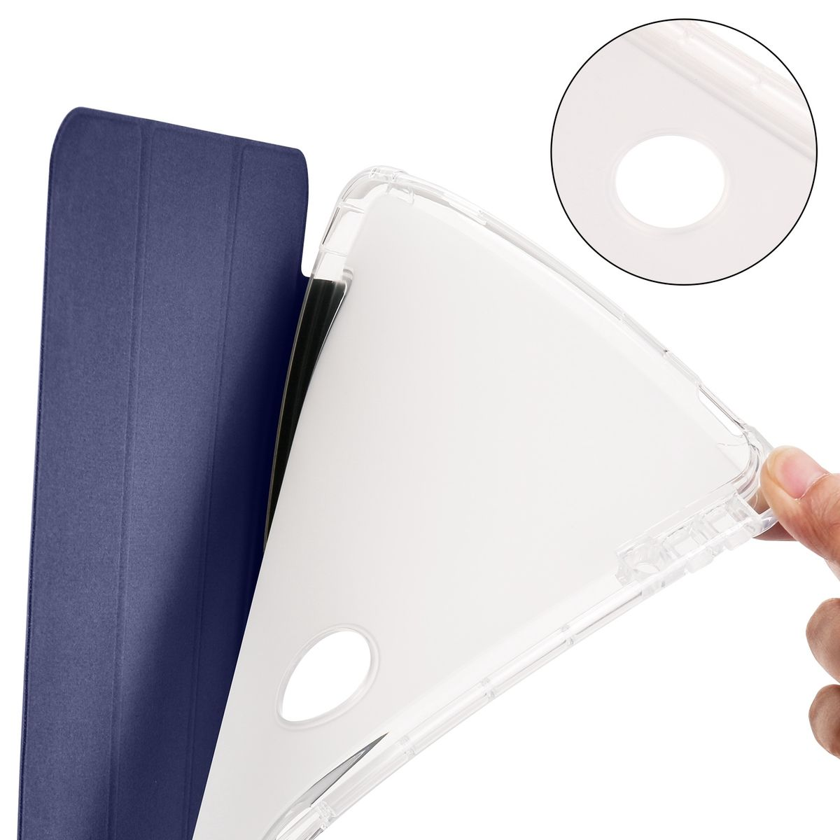 Tablet-Hülle, zeigt die Hülle und das Innere, mit einem Teil der Hand, die sie hält.