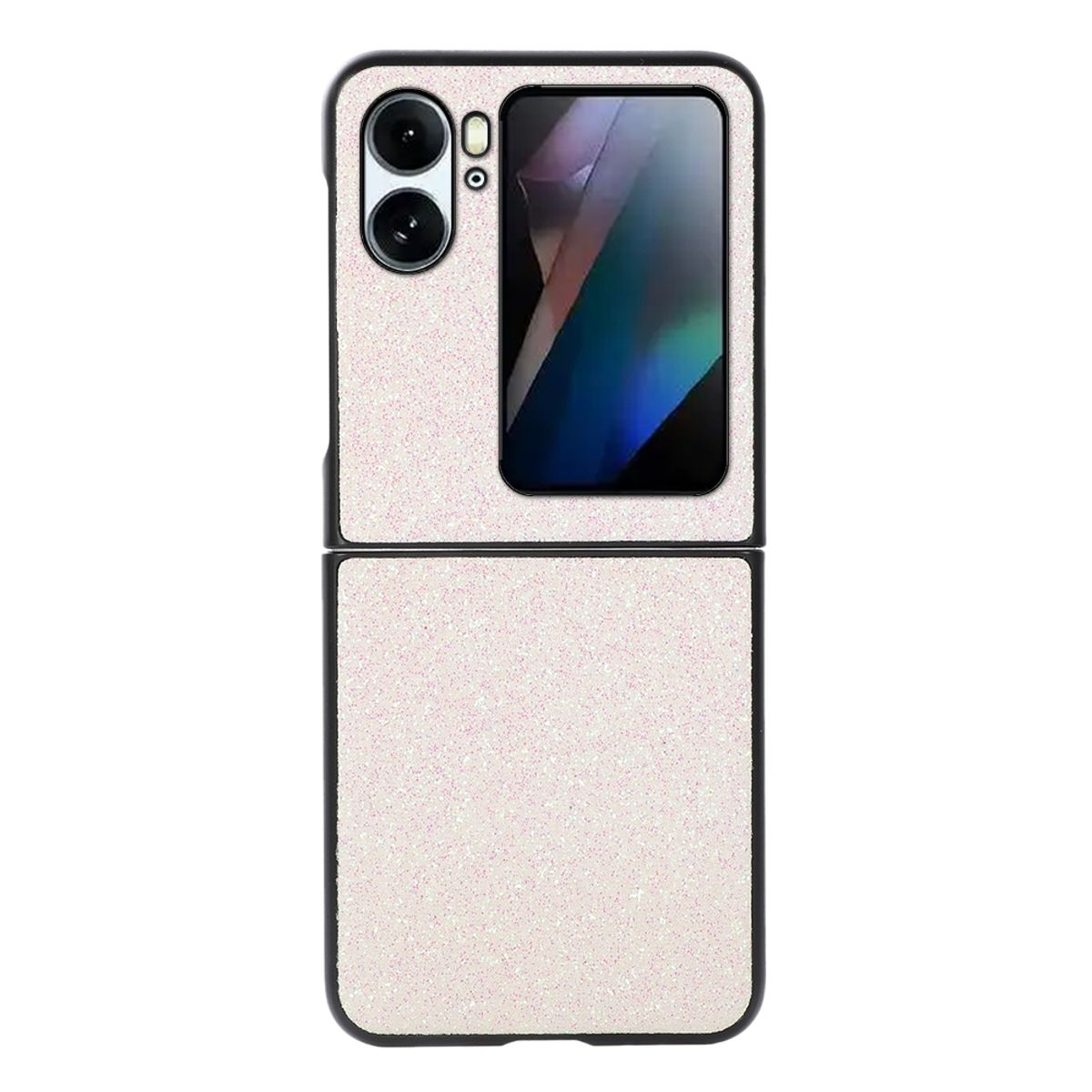 Glitzernde pinkfarbene Handyhülle. Es ist eine Klapphülle. Das Telefon befindet sich in der Hülle.