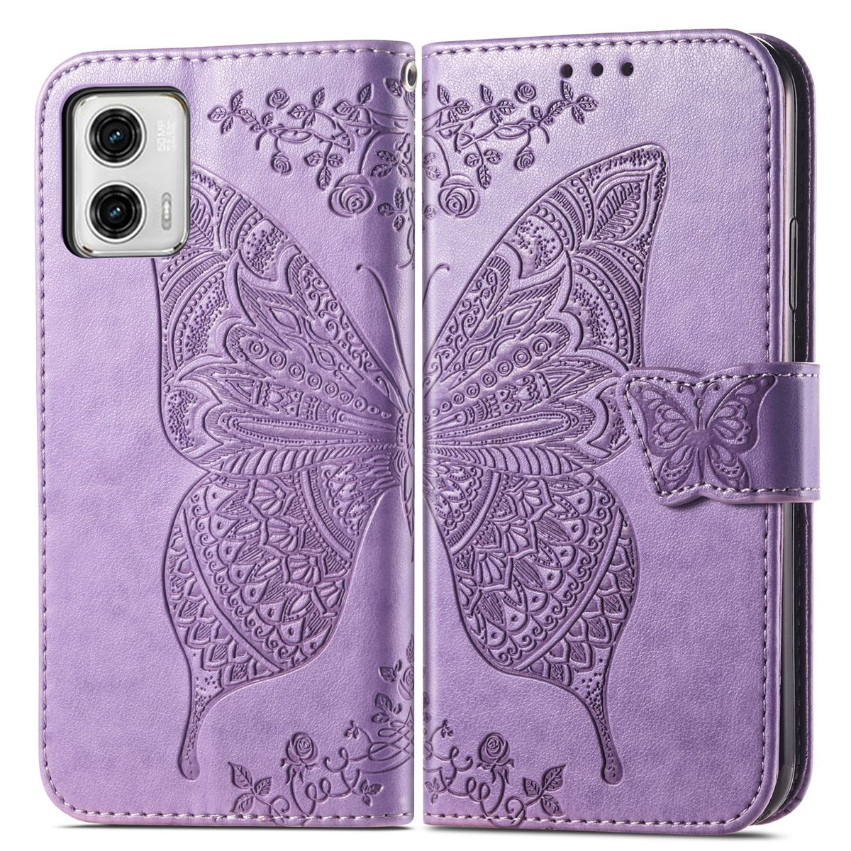 Lila Handyhülle mit Schmetterlingsdesign. Die Hülle ist offen, das Display sichtbar.