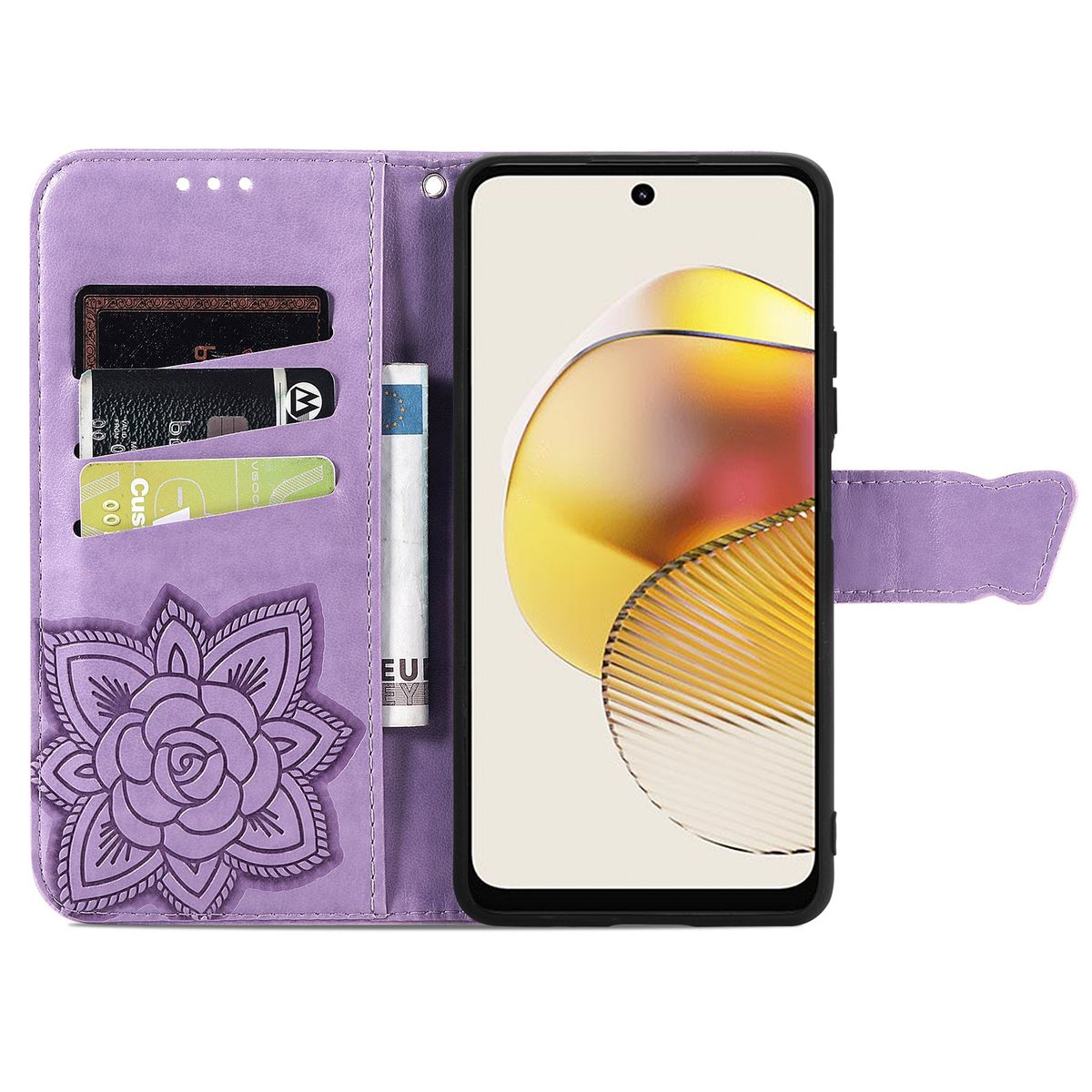 Lila Handy-Brieftaschentasche mit floralem Design. Der Bildschirm ist sichtbar. Enthält Karten und Geldscheine.