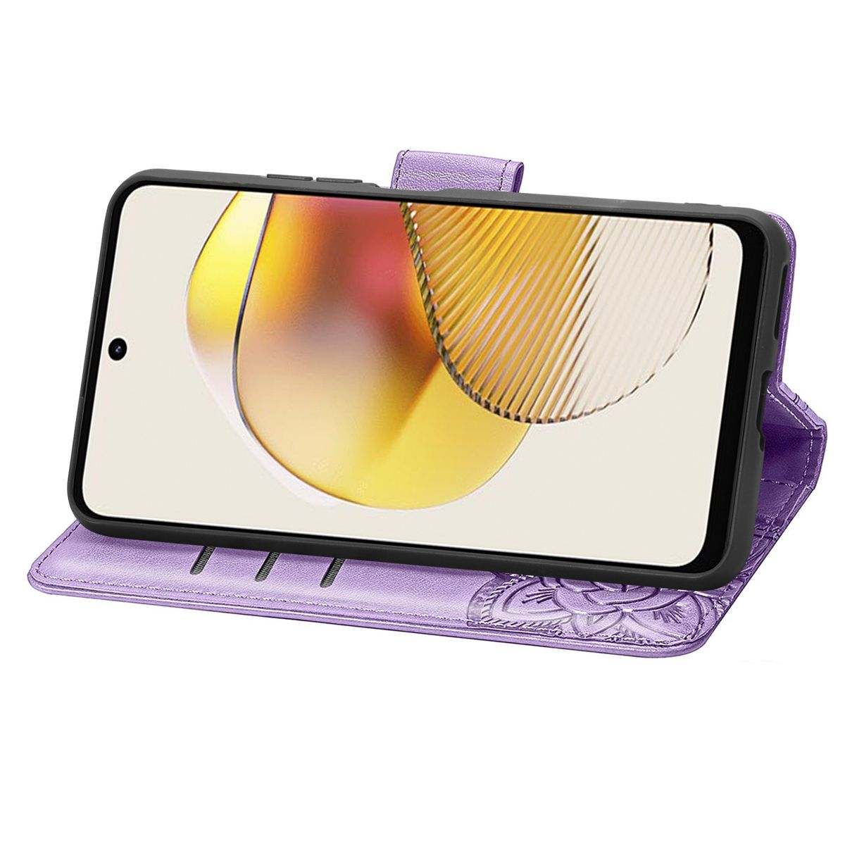 Lila Handyhülle, Telefon offen, Bildschirm zeigend. Verziert mit Blumenmuster. Telefonbildschirm zeigt Bild.