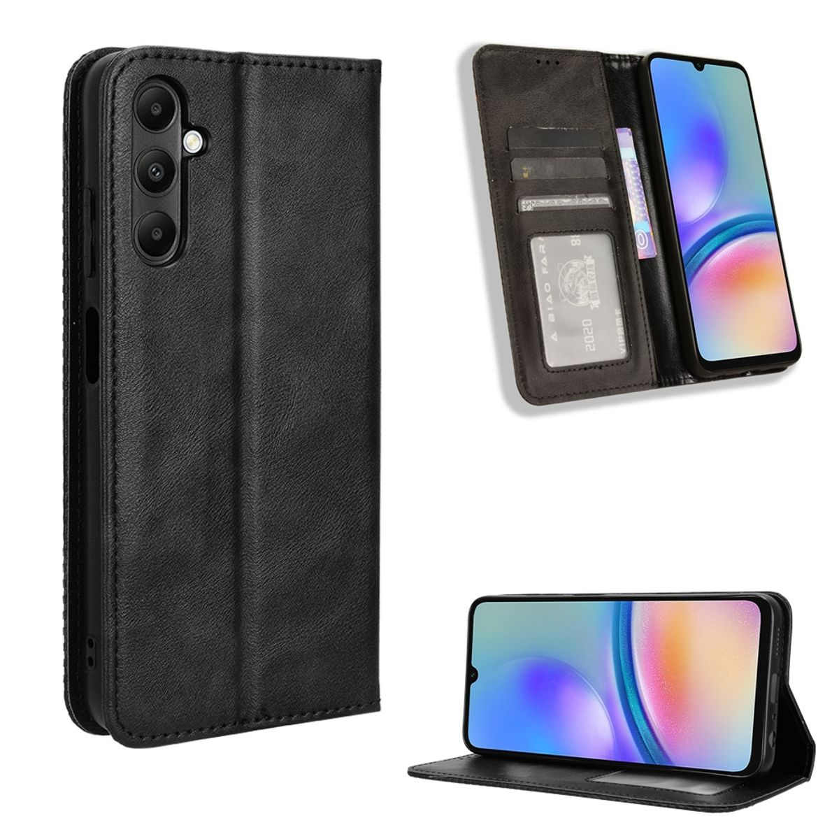Schwarze Handyhülle mit einem Telefon darin. Geöffnete und geschlossene Ansichten werden gezeigt.