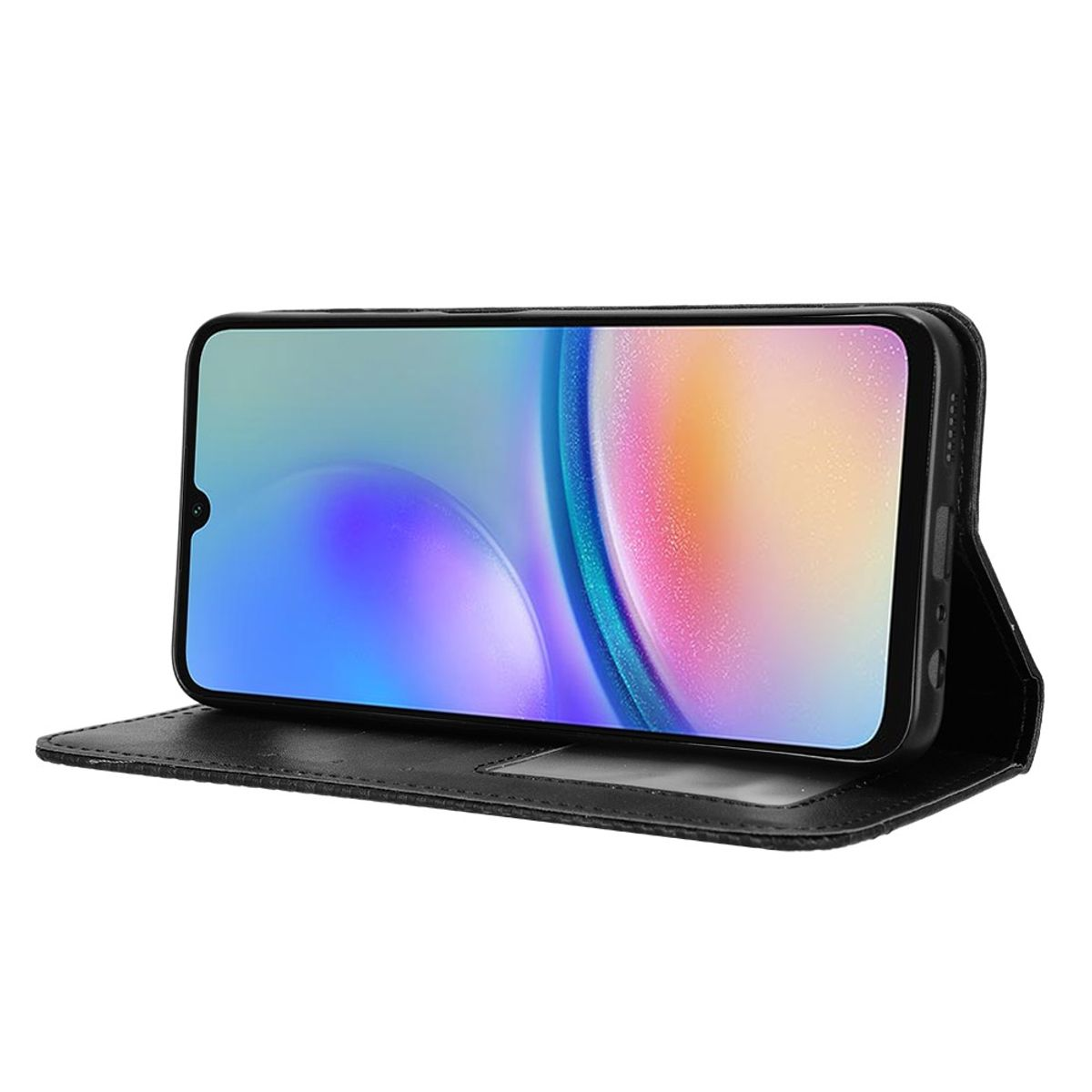 Schwarze Handyhülle mit einem Telefon darin. Geöffnet, zeigt den Bildschirm. Weißer Hintergrund.