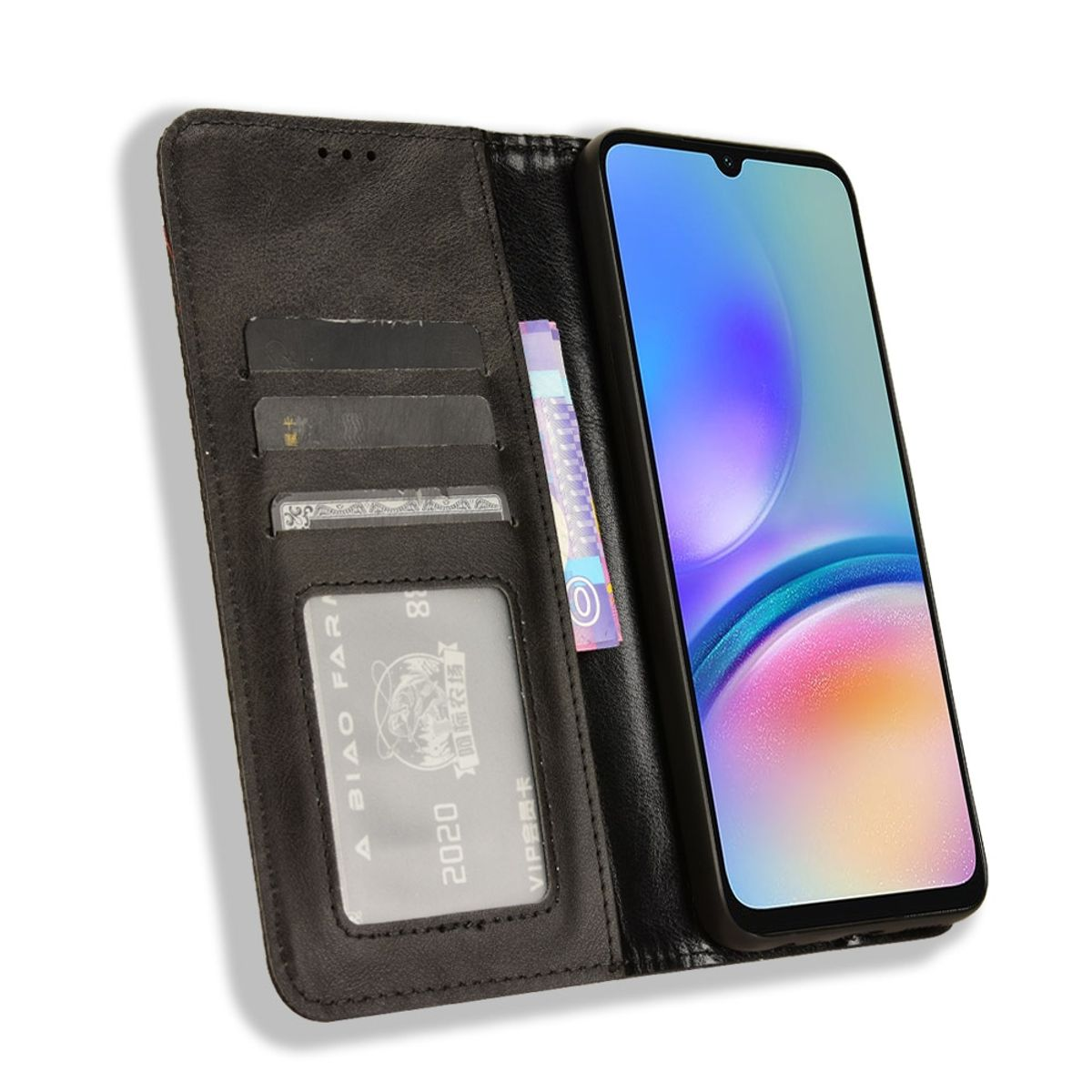 Telefon in schwarzem und rotem Wallet-Case. Bildschirm sichtbar, Geld- und Kartenfächer.