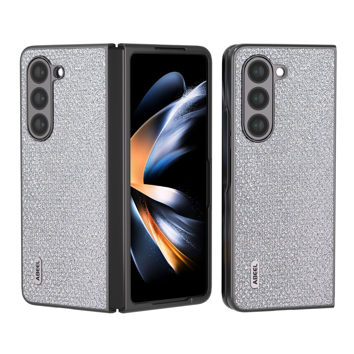 Silberne Glitzer-Handyhülle. Das Telefon ist offen, und es gibt mehrere Ansichten, die das Telefon im Inneren zeigen.