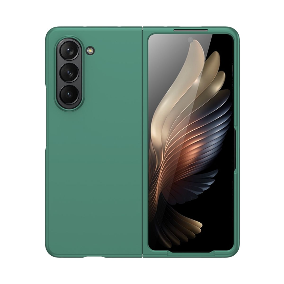 Grüne Handyhülle geöffnet, zeigt ein gefaltetes Telefon. Der Bildschirm zeigt ein goldenes Bild.