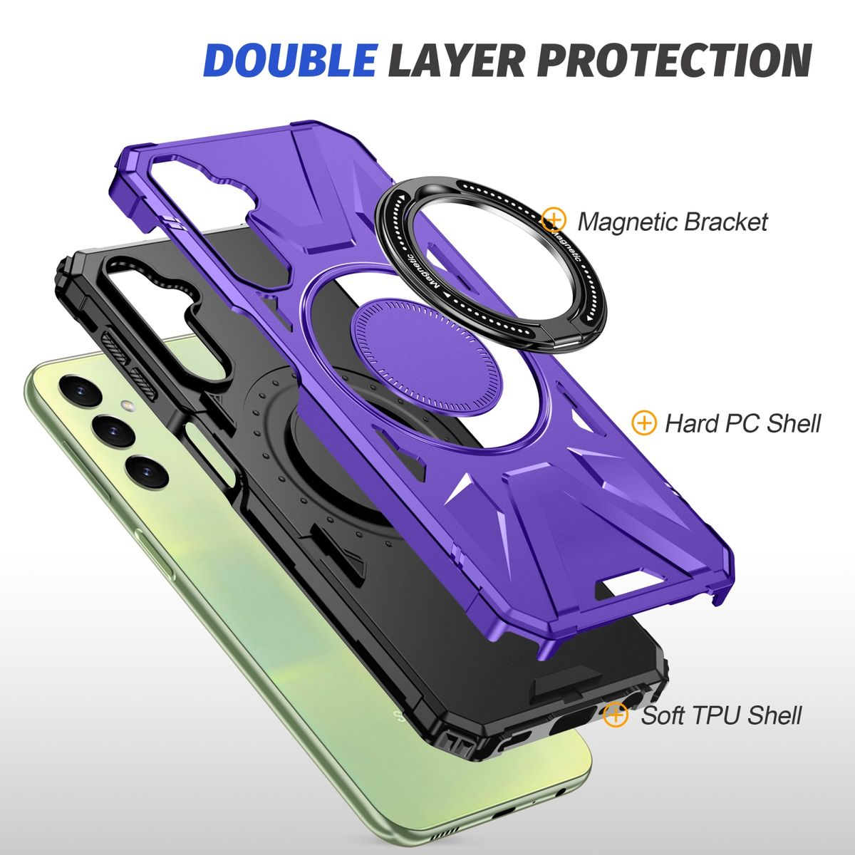 Diagramm, das eine Handyhülle mit drei Schichten zeigt: Magnetbügel, Hart-PC-Schale und weiche TPU-Schale.