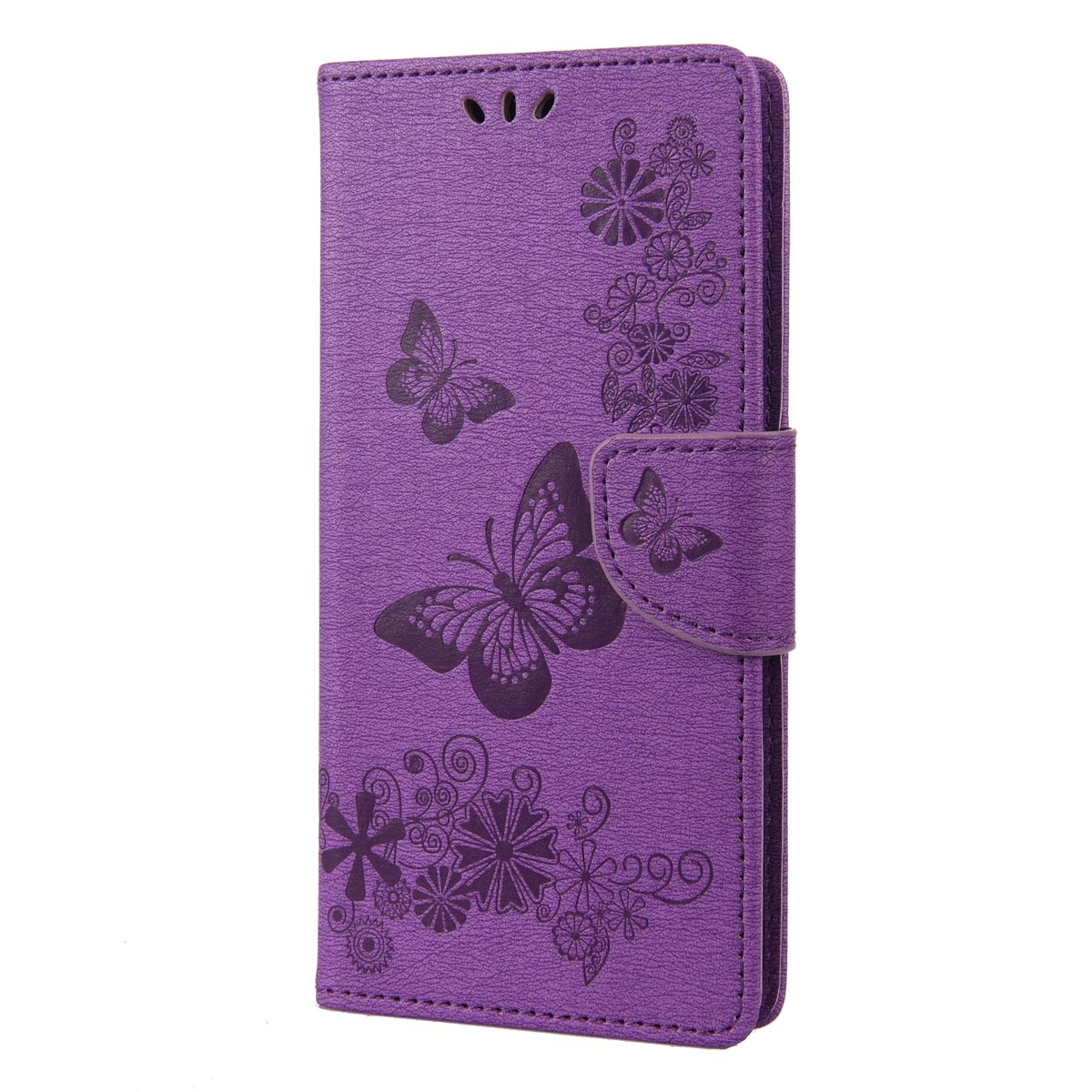 Lila Handyhülle mit Schmetterlings- und Blumendesign, mit Magnetverschluss.