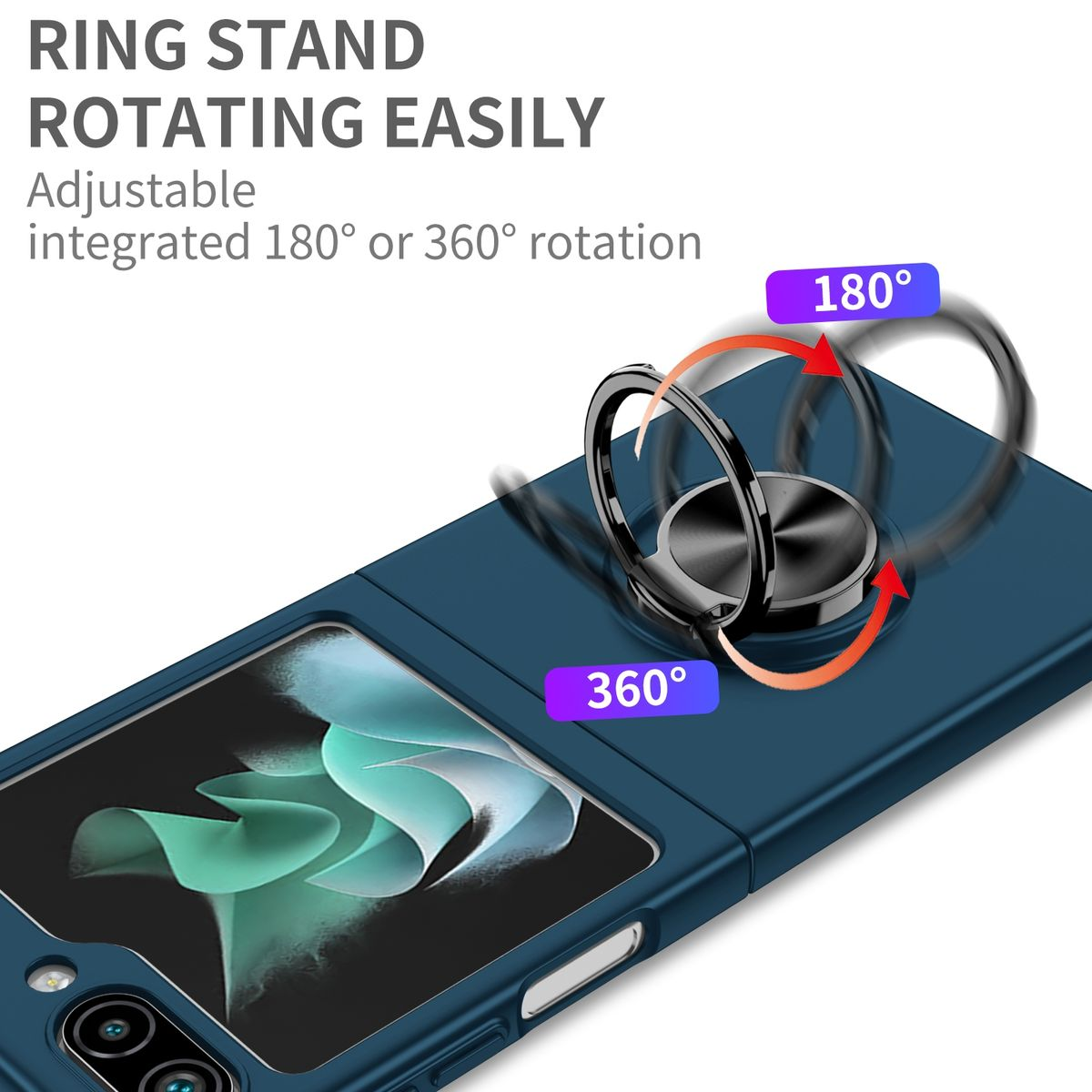 Blaue Handyhülle mit drehbarem Ringständer. Pfeile zeigen 180° und 360° Drehung.