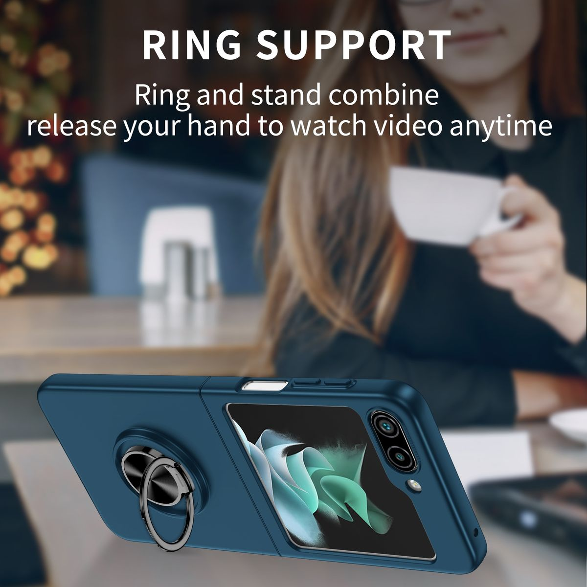 Blaue Handyhülle mit Ringhalter. Zeigt Telefon mit Ring zur Unterstützung.
