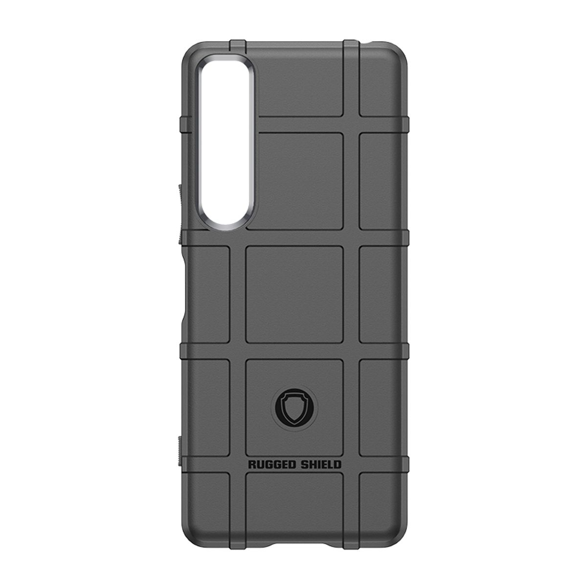 Schwarze Handyhülle mit Gittermuster und Rugged Shield-Logo.