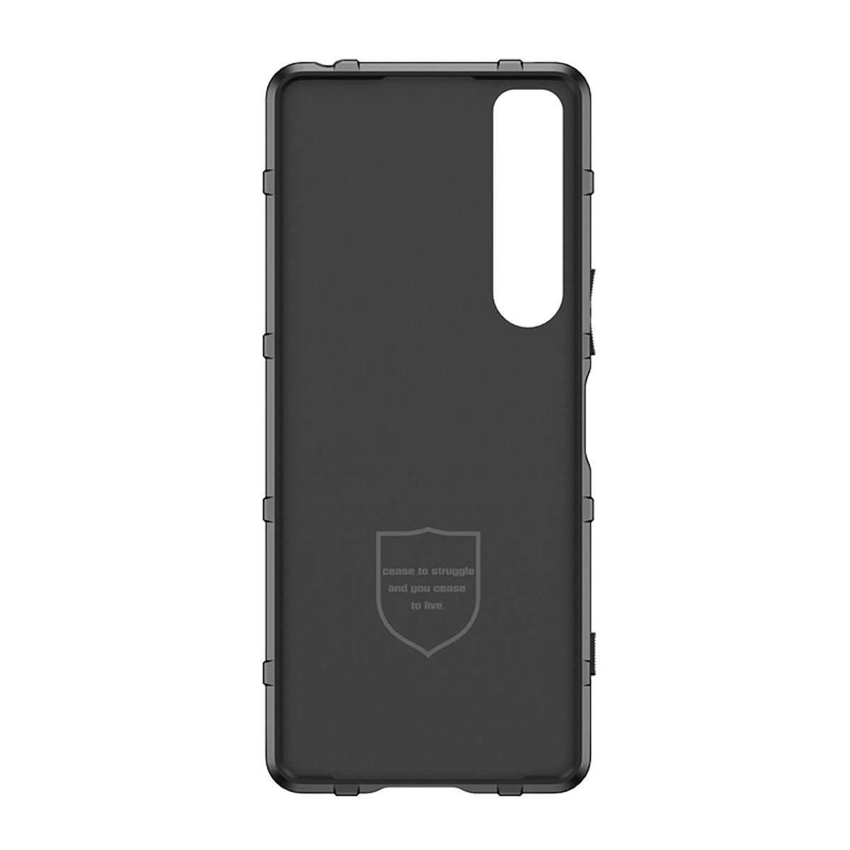Schwarze Handyhülle mit geometrischem Design und einem Schildemblem mit Zitat.