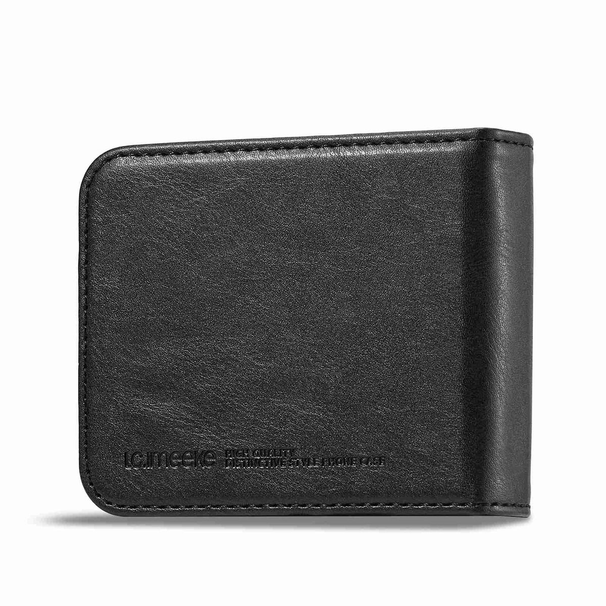 Schwarze Leder-Handyhülle, geschlossen, mit geprägtem Logo auf der Vorderseite.