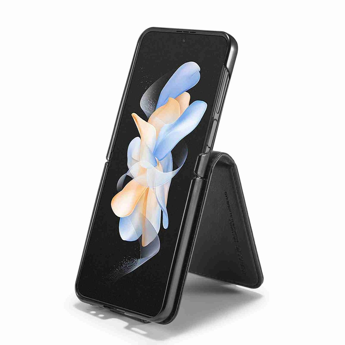 Schwarze Handyhülle mit gefaltetem Design. Das Telefon wird mit einem Blumendesign angezeigt.