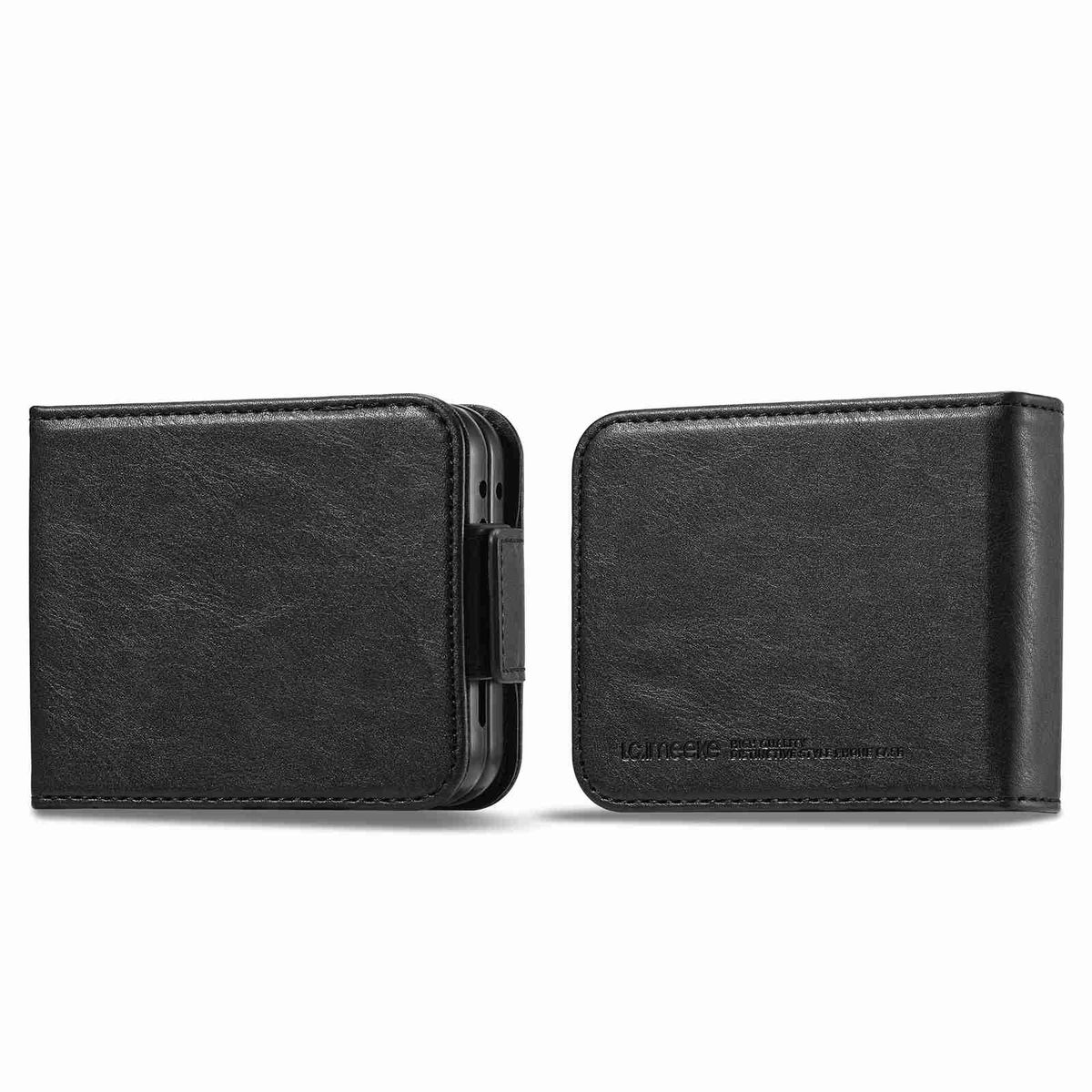 Schwarze Leder-Handyhülle, offen und geschlossen. Zeigt ein Telefon im Inneren.