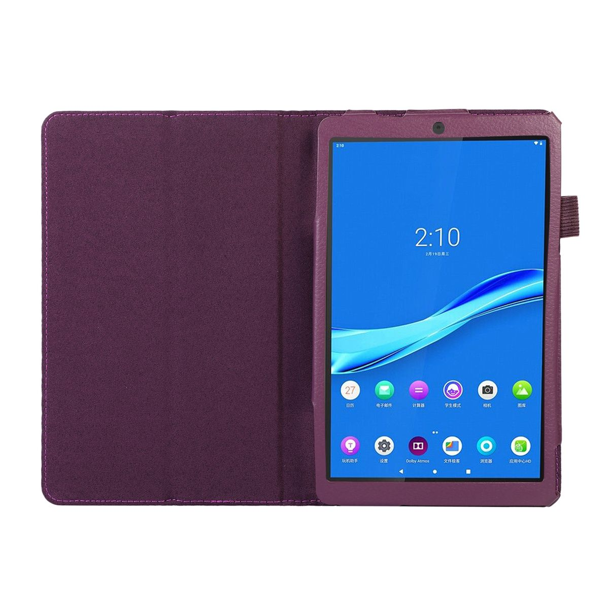 Lila Tablet in geöffnetem Folio-Case. Bildschirm zeigt Zeit und App-Symbole. Braunes Case.