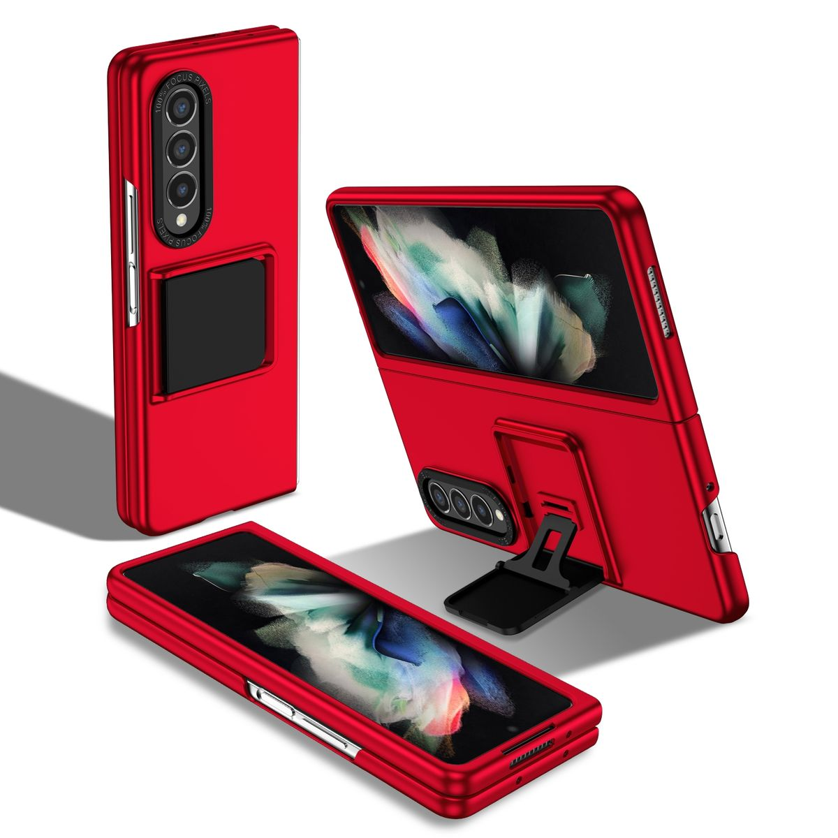 Rote Klapp-Handyhülle, mit mehreren Ansichten, die das Telefon in verschiedenen Positionen zeigen, und gefaltet.