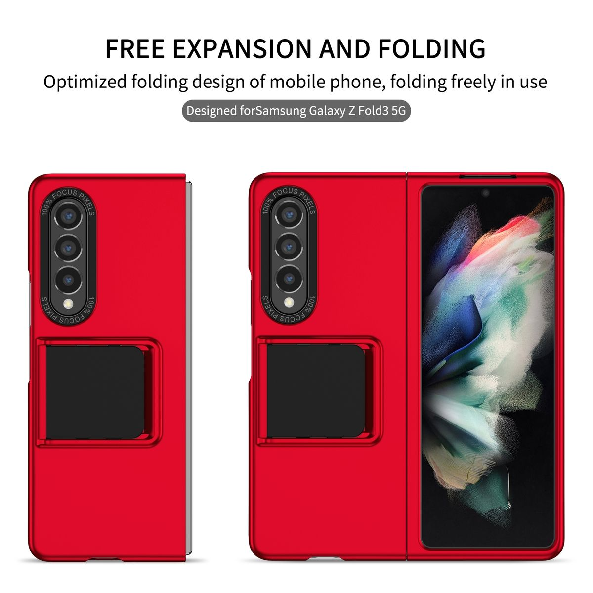 Rote Handyhülle, entworfen für ein Samsung Galaxy Z Fold3 5G. Sie ist gefaltet und entfaltet.