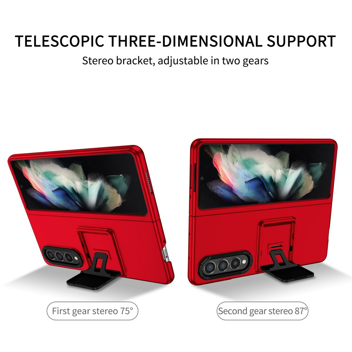 Zwei rote Handyhüllen offen, zeigen jeweils ein Telefon. Text: First gear stereo 75°, Second gear stereo 87°.