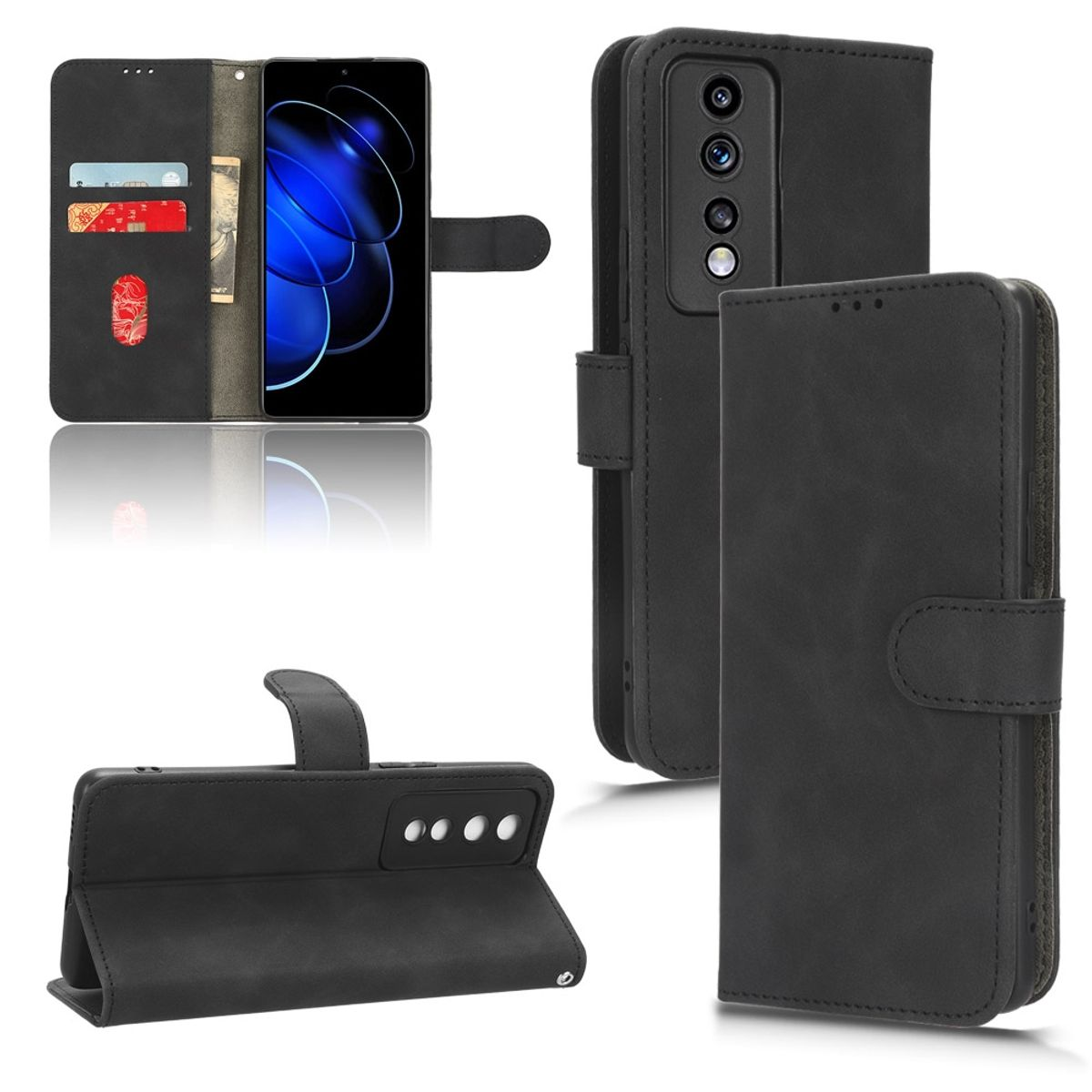 Mehrere Ansichten einer schwarzen Handyhülle. Zeigt Karten und Telefon. Das Telefon zeigt ein Bild.