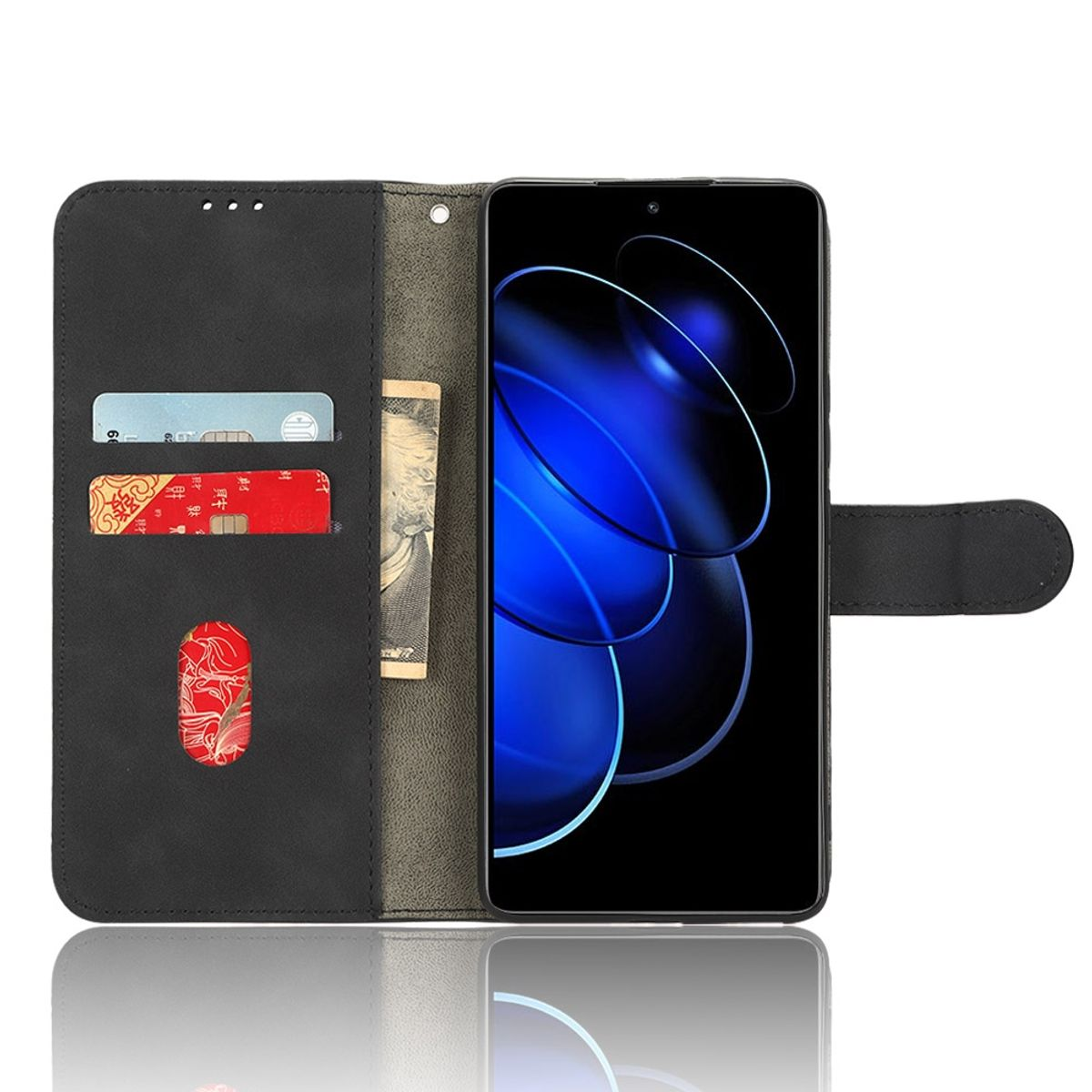 Schwarze Handyhülle mit Kreditkarten und einer Rechnung. Das Handy ist mit blauem, weißem und schwarzem Hintergrund an.