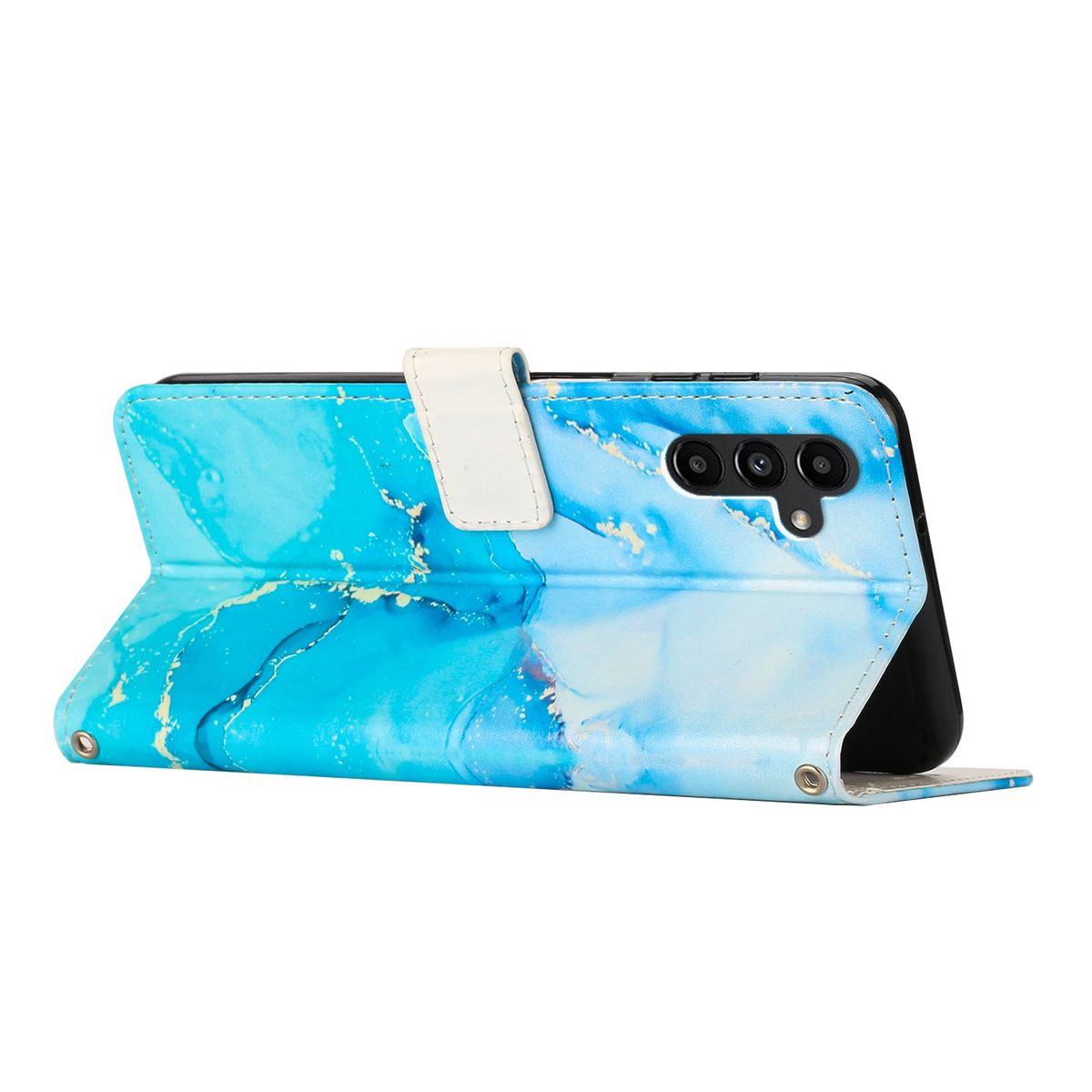 Blau-goldene Marmor-Handyhülle, offen, mit einem Telefon. Hat einen Seitenverschluss.