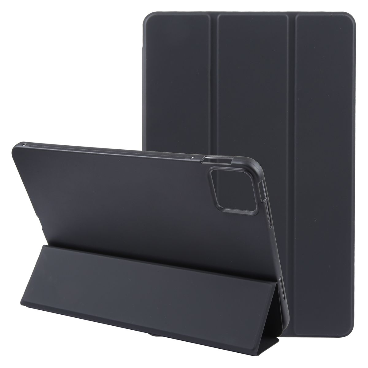 Schwarze Tablet-Hülle. Das Tablet befindet sich in der Hülle, wobei die Hülle geöffnet ist. Weißer Hintergrund.