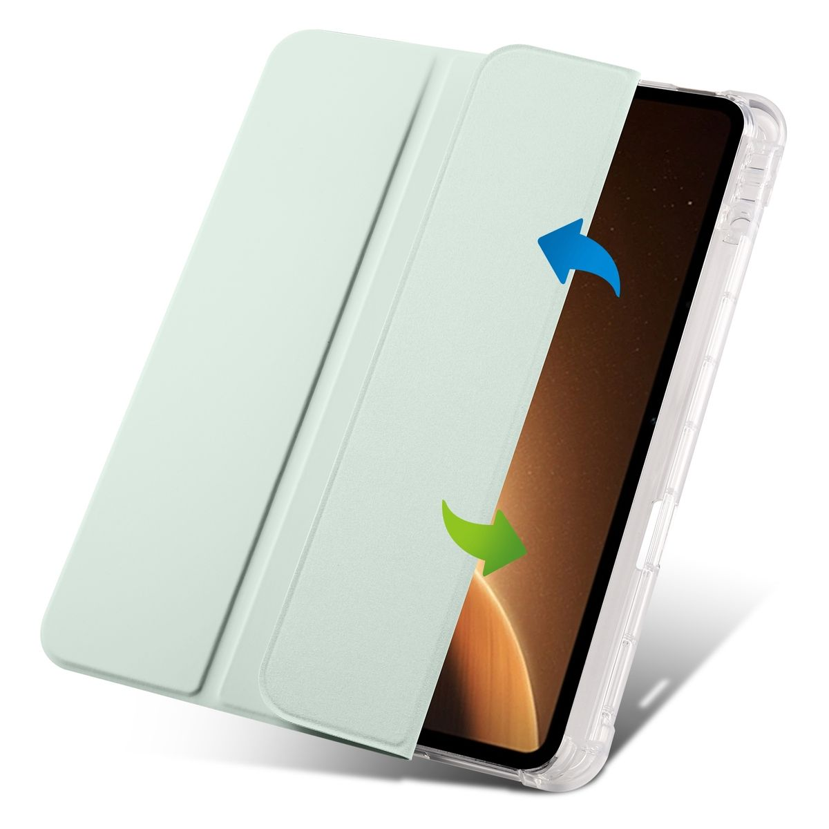 Minzgrüne Tablet-Hülle, offen. Pfeile zeigen das Öffnen und Schließen an. Tablet-Bildschirm teilweise sichtbar. Schutzhüllen-Design.