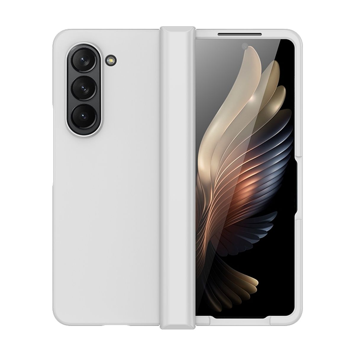 Weiße Handyhülle für ein faltbares Telefon, offen. Zeigt ein faltbares Telefon mit sichtbarem Bildschirm.